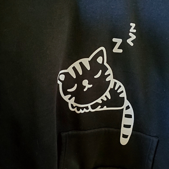Black Hoodie with Cat Graphic and Fleece Texture With Ears On The Hood XL - Picture 3 of 5